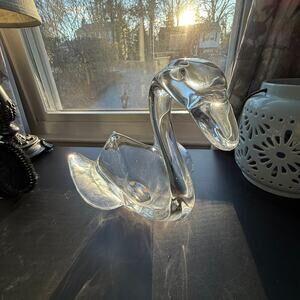 Vintage Art France Clear Glass Swan Dish Trinket Candy Bowl Mid Century 10"